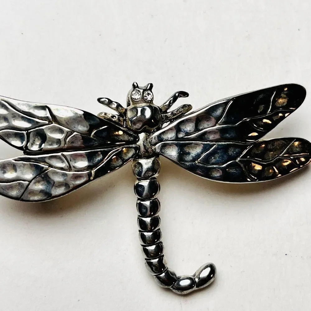 Large Dragonfly Brooch / Pendant & Earrings Set Silver Tone Unsigned Rhinestones